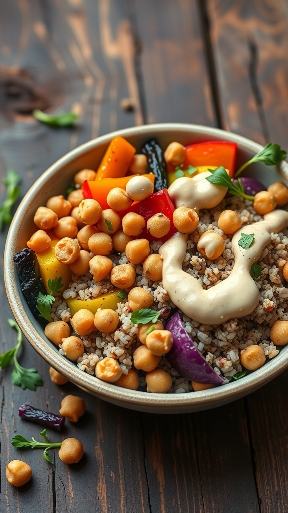 A hearty bowl of quinoa with roasted vegetables and chickpeas, topped with tahini sauce and fresh herbs.